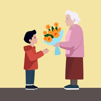 A boy on the street presented a bouquet of flowers to an unknown old woman vector