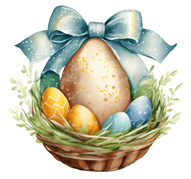 AI generated Watercolor illustration of Easter Day Easter eggs paint decorated in basket and grass flowers png