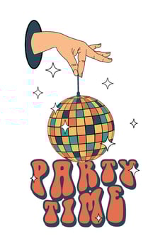 Party time. Disco ball in hand. Groovy. Clockwork elements in a retro hippie 70's style. vector