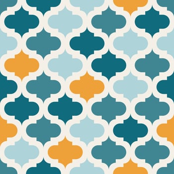 Arabic geometric mosaic printable seamless pattern with abstract Moroccan print in blue and orange colors. Ramadan Kareem Traditional Islamic art Illustration background vector