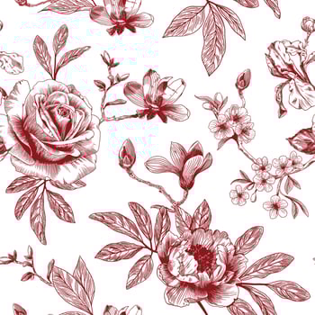 Abstract modern floral seamless pattern with hand drawn flower in Toile de jouy style. Retro elegance repeat print. Vintage design for fabric, wallpaper or wrapping vector