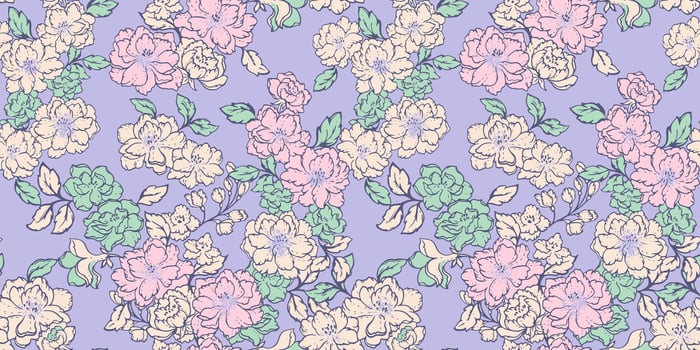 Blooming spring or summer stylized meadow seamless pattern. Abstract creative wild floral patterned on violet background. Vector hand drawn sketch colorful lines, outlines flowers, buds, leaves.