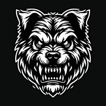 Dark Art Dog Angry Head with Sharp Teeth Black and White Illustration vector