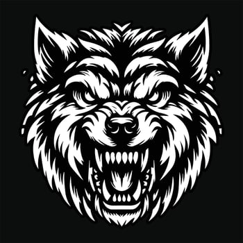 Dark Art Dog Angry Head with Sharp Teeth Black and White Illustration vector