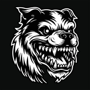 Dark Art Dog Angry Head with Sharp Teeth Black and White Illustration vector