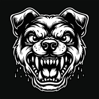 Dark Art Dog Angry Head with Sharp Teeth Black and White Illustration vector