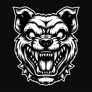 Dark Art Dog Angry Head with Sharp Teeth Black and White Illustration vector