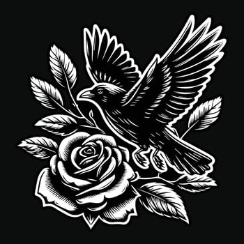 Crow Stand with Rose Flower Grunge Vintage Style Hand Drawn Illustration Black and White vector