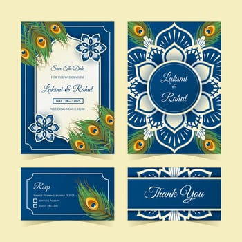 Indian Wedding Invitation Template with Peacock Feathers and Mandala vector