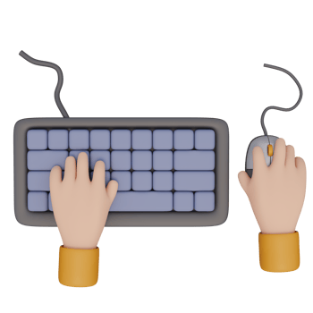 3d render illustration of human hand typing on computer keyboard with cable and hand holding a mouse. Technology concept. Illustration for web or app design png