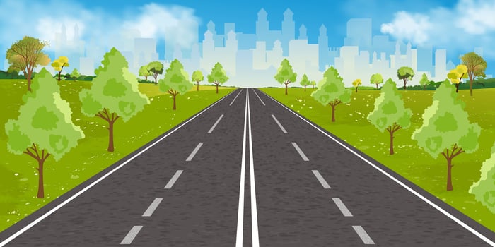 Spring landscape,Sky blue,cloud and green field with asphalt highway to the city,Vector Rural Empty road with cityscape,Horizon beautiful nature scene with Public park,Environmental Background vector