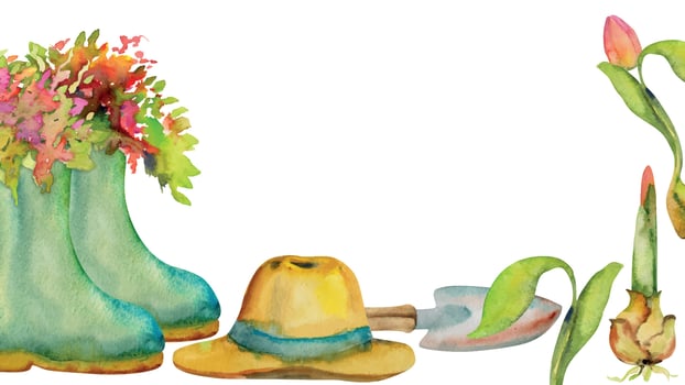 Hand drawn watercolor illustration spring gardening tools, rubber boots with flowers, straw hat, bulb sprout. Horizontal frame isolated on white background. Design print, shop, scrapbooking, packaging vector