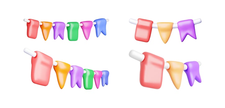 3D Set of Pennant Bunting Flags Isolated on White. Render Bunting Festive Garland Realistic Icon. Horizontal Color Party Decoration. Holiday, Birthday, Party Celebration. Cartoon Vector Illustration