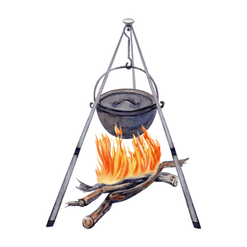 Campfire and iron cooking pot on stand. Camping design element for adventure, tourism, touring, outdoors, 4x4 off-roading prints, cards, fliers. Watercolor illustration on transparent background png