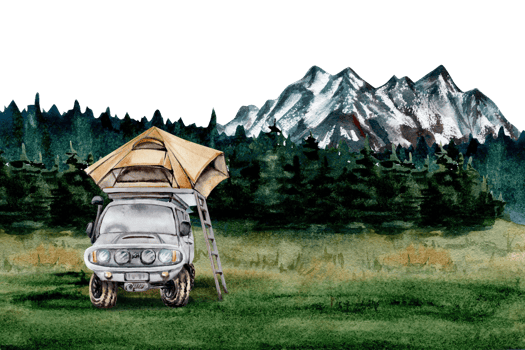 Camping card design template with 4x4 off road car, roof top tent and ladder. Mountains backdrop. For tourist or travel prints, cards, fliers. Watercolor illustration on transparent background. png