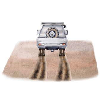 Touring composition with rear view of off road car with roof top tent. Dirt tracks on sandy background. For tourist designs, travel prints, fliers. Watercolor illustration on transparent background png