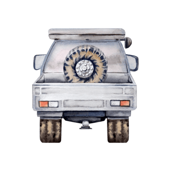 Off road car rear view. Spare tyre, car wheel, root top tent element. For tourist, travel, camping, farming, transport designs, prints, fliers. Watercolor illustration on transparent background png
