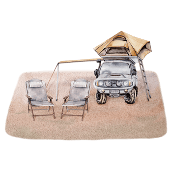 Camping composition with 4x4 off road car, awning, two folding chairs and roof top tent with a ladder. For tourist or travel prints, cards, fliers. Watercolor illustration on transparent background png