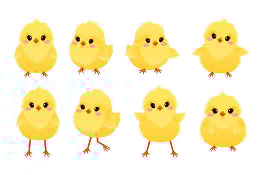 Collection of cute cartoon chickens. Yellow funny Easter chickens. Spring poultry babies in different poses. Vector illustration.