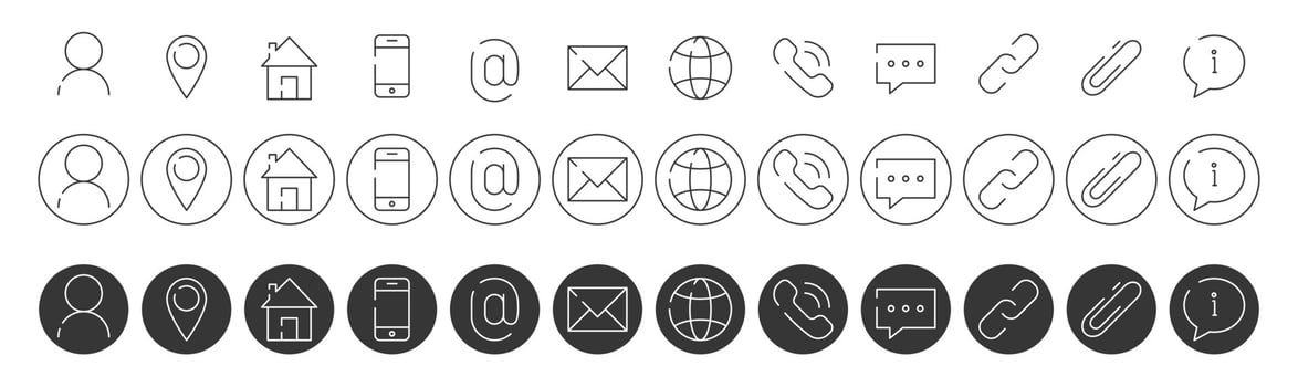 Web and mobile icon set, line style. Website contact info icons for registration, resume, highlights, design, social media. Chat, link, paper clip, message, phone, email, person. Vector illustration
