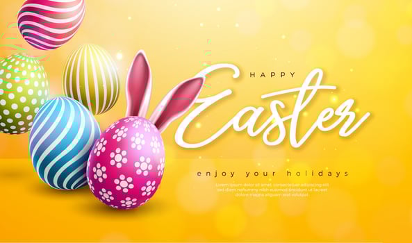Vector Illustration of Happy Easter Holiday with Colorful Painted Egg on Shiny Yellow Background. International Celebration Design with Typography for Greeting Card, Party Invitation or Promo Banner.