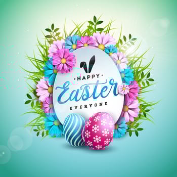 Happy Easter Illustration with Colorful Painted Egg and Spring Flower on Blue Background. Vector Easter Day Celebration Design for Flyer, Greeting Card, Banner, Holiday Poster or Party Invitation.