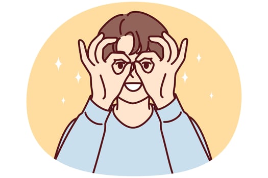 Woman puts hands to face imitating invisible binoculars to look at object in distance. Vector image