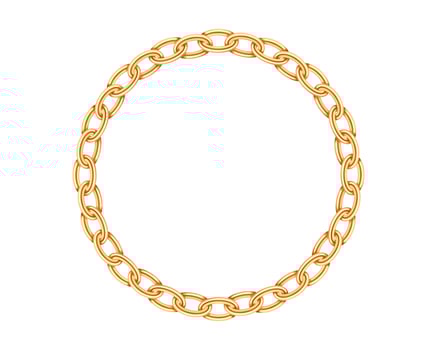Realistic gold circle frame chain texture. Golden round chains link isolated on white background. Jewelry chainlet three dimensional design element. vector