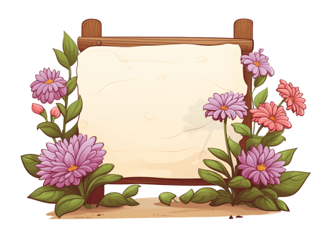 AI generated Wooden sign with flowers, no message, cartoon style, isolated on a transparent background. png