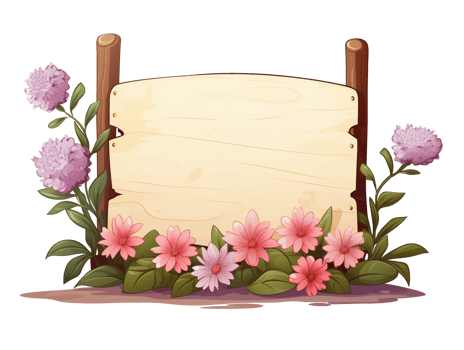 AI generated Wooden sign with flowers, no message, cartoon style, isolated on a transparent background. png