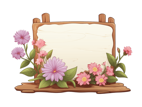 AI generated Wooden sign with flowers, no message, cartoon style, isolated on a transparent background. png