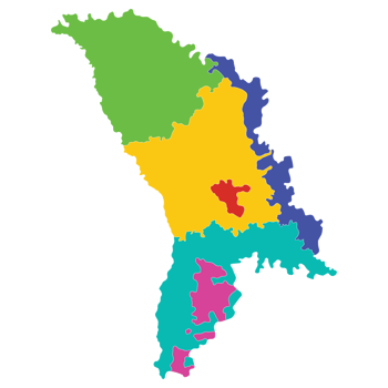 Moldova map. Map of Moldova in three main regions in multicolor png