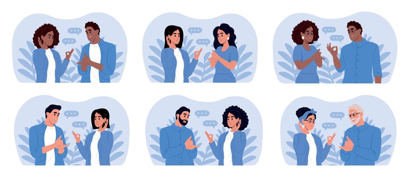 Person of different races and ages. A pair of deaf and mute people using sign language to communicate. A man and a woman with hearing impairment. World Deaf Day and World Hearing Day . vector