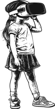 AI generated girl playing virtual reality headset with engraving style black color only vector