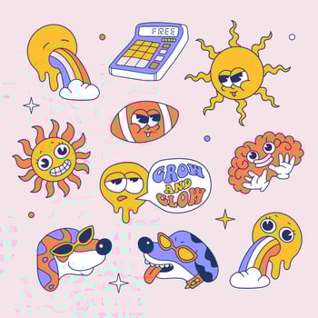 70s groovy doodle characters set. Cute comic retro hippie collection of distorted emoticons, sun, brain, dog, calculator . Design for funky card, print. Contour hand drawn vector illustration.