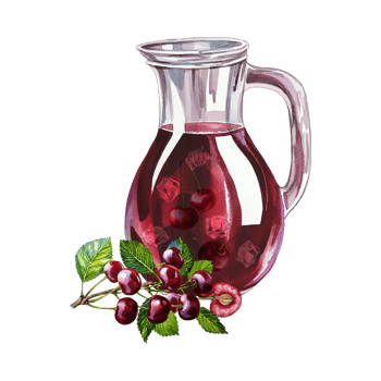 A jug of cherry juice. Ripe and juicy cherries. Watercolor illustration, hand-drawn. For the design of labels, packaging and banners. For textiles, prints and stickers. For menus, invitation cards. png