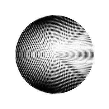 Vintage inspired gradient with noise and grain, a half tone sphere shape. Halftone pattern stipple dots for a textured. Flat vector illustration isolated on white background.