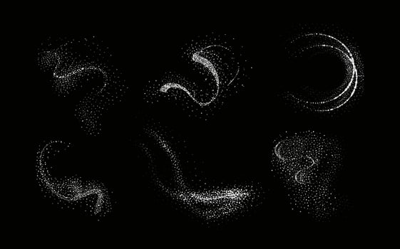 Collection of glittering stars with golden shimmering swirls, shiny glitter design. Magical motion, sparkling lines on a black background. vector