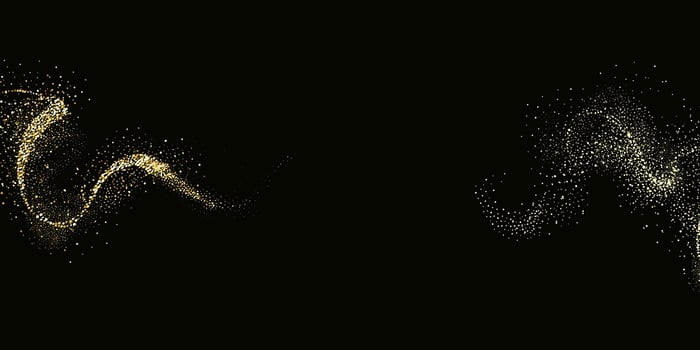 Collection of glittering stars with golden shimmering swirls, shiny glitter design. Magical motion, sparkling lines on a black background. vector