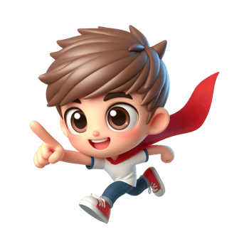 AI generated 3d happy cartoon superhero boy running with cape and pointing on transparent background. png