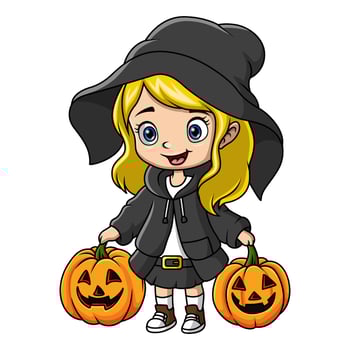 Cute little witch girl cartoon with a pumpkins vector