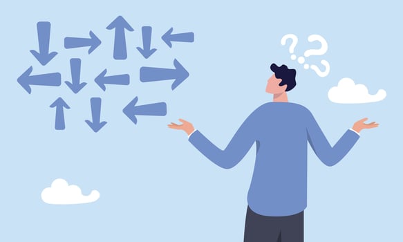 Confused frustrated businessman look at direction arrows with question marks, confusion, frustration or decision making, mess, dilemma or complicated problem, lack of understanding, uncertain concept vector