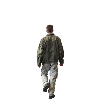 AI generated Man in Green-Grey Jacket and Casual Pants Walking Away - Isolated Back View png