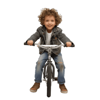 AI generated Cheerful Young Boy with Curly Hair Joyfully Riding a Bicycle - A Symbol of Carefree Childhood and Playful Spirit png