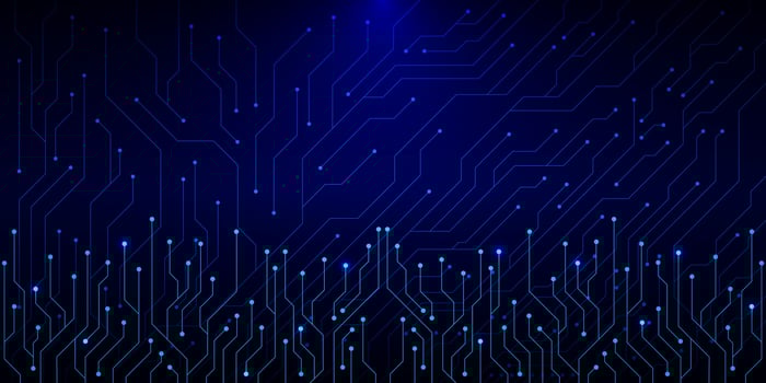 Abstract electronic circuit board texture. High computer and digital technology concept on a dark blue background. Vector illustration.
