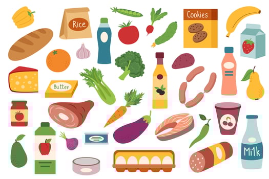 Big set of food in flat style isolated on white background. Food and shopping concept. Grocery food. vector