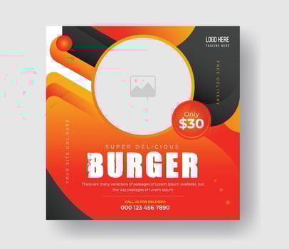 Burger food post online advertising promotion banner business vector layout design with colorful gradient shape and element.