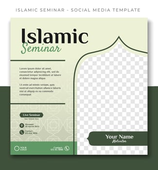 webinar seminar islamic sale, green social media post template design, event promotion vector banner