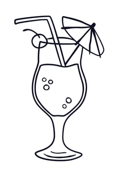 Doodle hand drawn icon of tropical cocktail with a straw, cherry, bubbles and an umbrella in a transparent glass. Modern concept for menus, banners, flyers of cafes, bars, restaurants vector