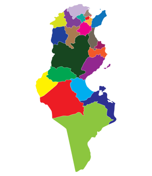Tunisia map. Map of Tunisia in administrative provinces in multicolor png